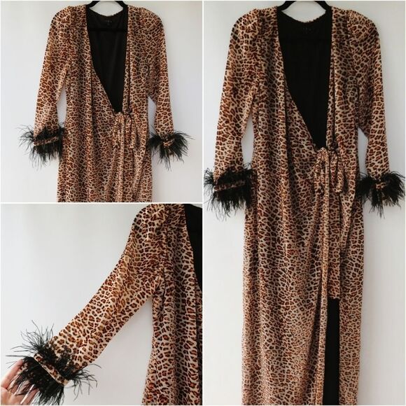 NBD Revolve Size Small Velvet Leopard Animal Print Feather Cuff Maxi Wrap Dress - Picture 16 of 16